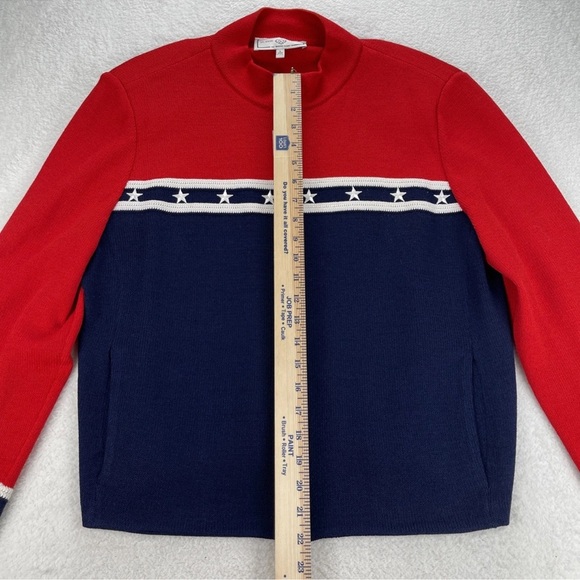 St. John Sport Sz L Cardigan Sweater Full Zip Striped Star Red White Blue Luxury - Picture 11 of 13